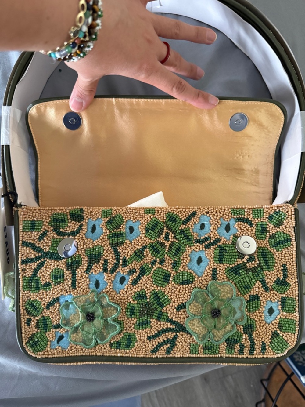 NWT STAUD Tommy Beaded Bag, Moss Floral Tapestry - Picture 7 of 8